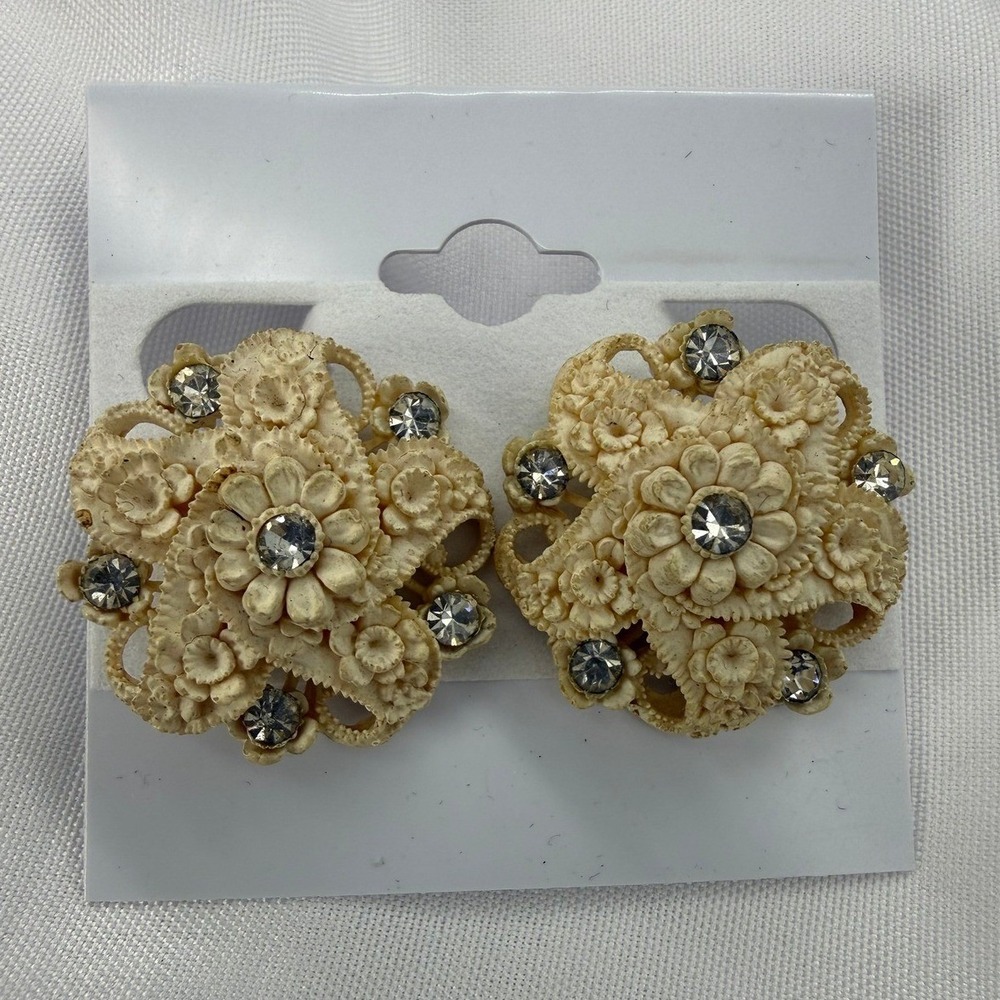 Vintage Cream Floral Celluloid Rhinestone Screw Back Clip On Earrings Ivory Gift
